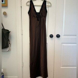 Wild Fable Brown and Black Sateen Lace-Lined V-Neck Dress with Adjustable Straps
